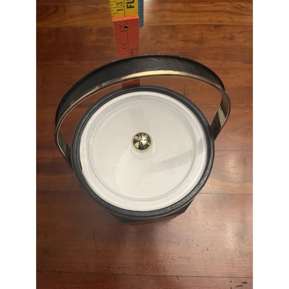 Vintage Mid-Century Modern Octagonal Ice Bucket Navy Blue Faux Leather w/h Brass